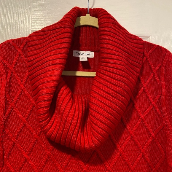 Calvin Klein Size L Red Lattice Long Sleeve Cowl Neck Pullover Tunic Sweater - Picture 4 of 11